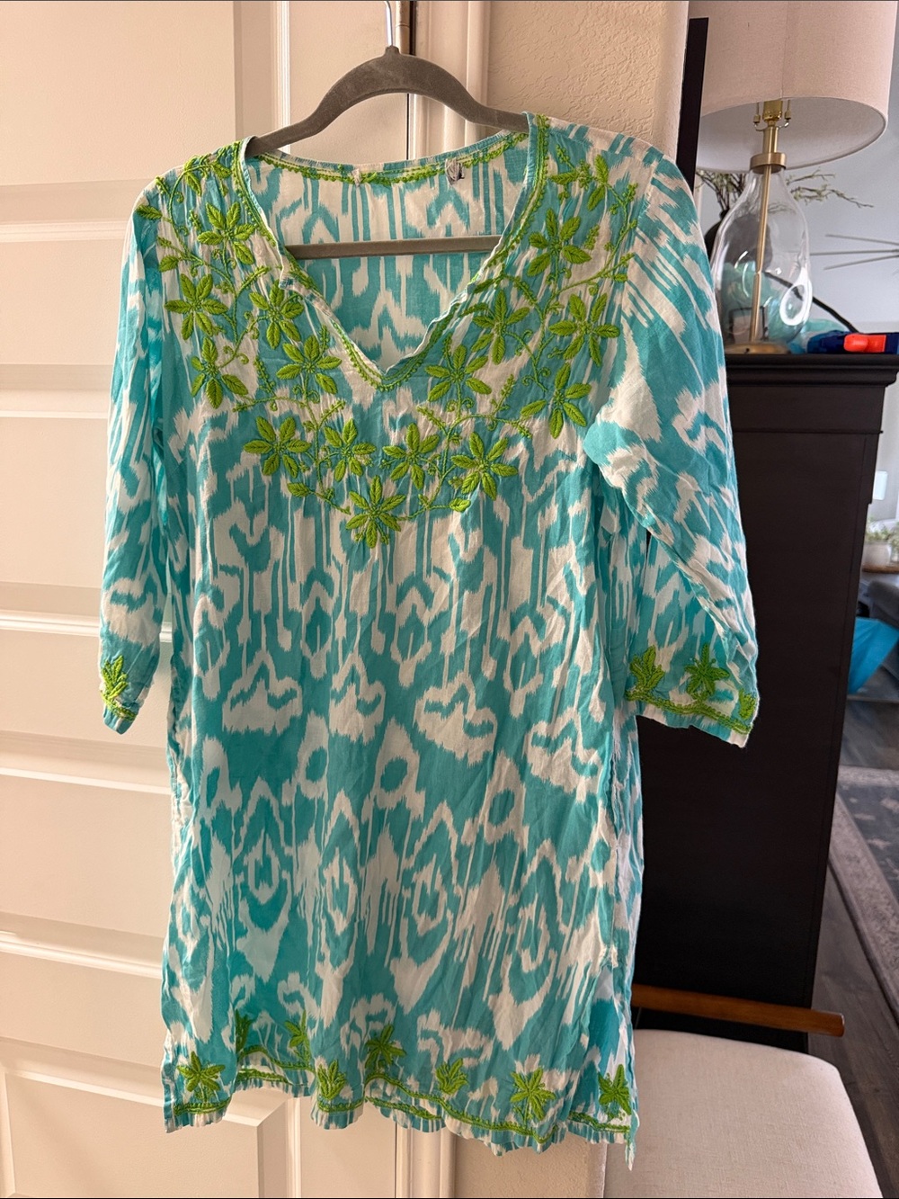 Women’s Turquoise Ikat Tunic with Green Embroidery Medium